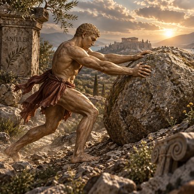 a painting of a man climbing a rock