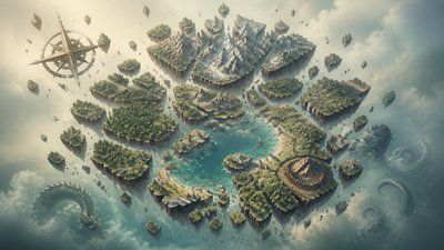 a map of an island realm with mountains, forests, a sheltered bay, sea monsters in the water and a compass rose, no text labels