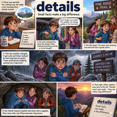 Please create a narrative for the spelling word "details". Please prominently display the word.