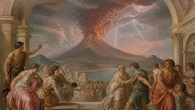 an erupting volcano with lightning strikes, dramatic wide composition, no text