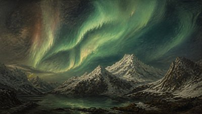 a flowing aurora over snowy peaks, wide sweeping composition, no people, no text