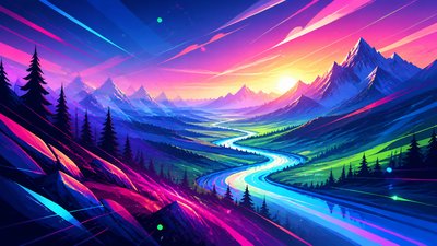 a vast valley with a river winding toward distant mountains at sunrise, no people, no text