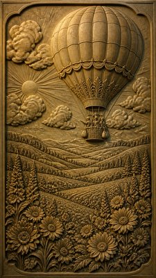 a hot air balloon drifting over rolling flower fields on a sunny day, cheerful, no text