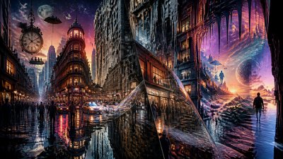bustling city street panorama at dusk