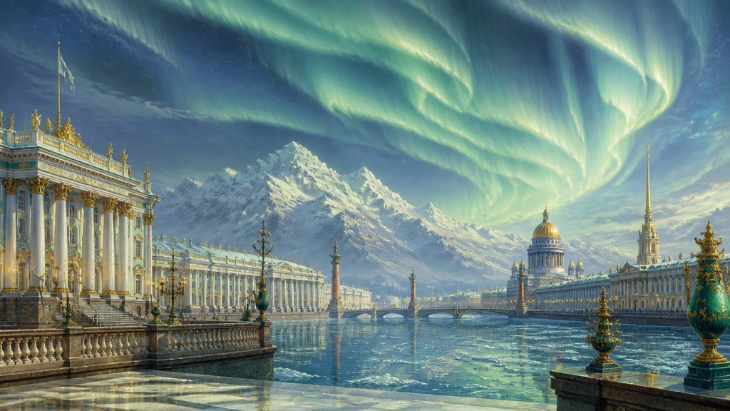 a flowing aurora over snowy peaks, wide sweeping composition, no people, no text
