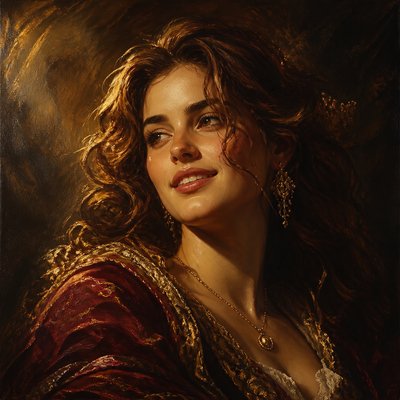 head-and-shoulders portrait of an original character: a young woman with wavy chestnut hair and a warm smile, plain soft backdrop