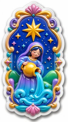 a robed figure pouring water beneath a large eight-pointed star in a night sky, symmetrical composition with an ornate decorative border, no text