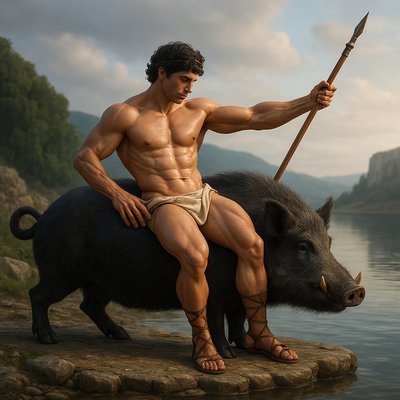 a painting of a man sitting on a boar