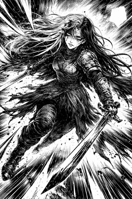 a black and white drawing of a woman holding a sword