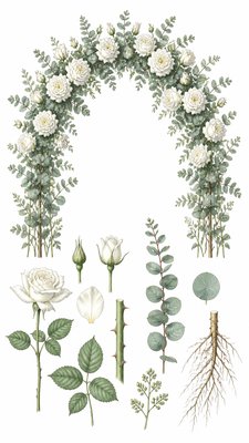 an arch of white roses and eucalyptus in soft morning light, elegant vertical composition with open space, no text