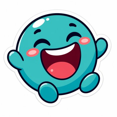 an exaggerated laughing face of an original round mascot character, bold and readable at small size, plain background, no text
