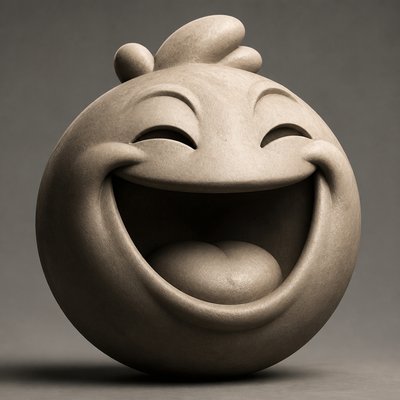 an exaggerated laughing face of an original round mascot character, bold and readable at small size, plain background, no text