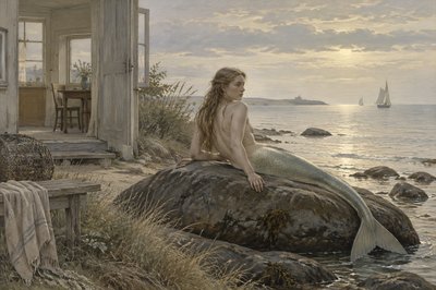 A Danish mermaid lounging on a rock by the sea