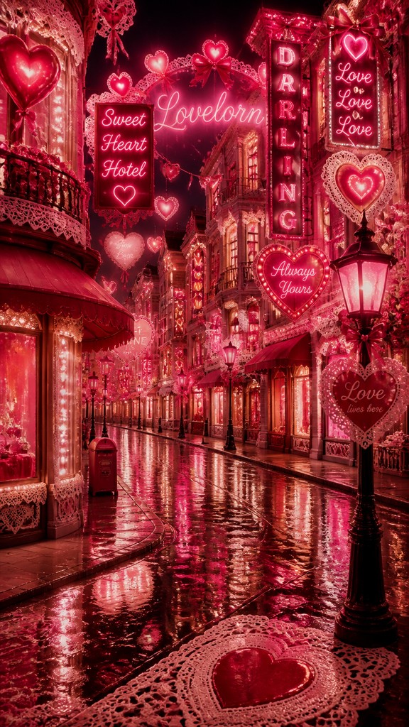 a quiet rainy city street at night reflecting neon signs, no people
