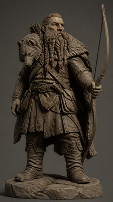 full-body original character: a dwarven ranger with a braided auburn beard, worn leather armor, a longbow and a wolf-pelt cloak, neutral background, no text