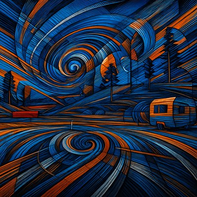 a painting of a night scene with a camper and trees