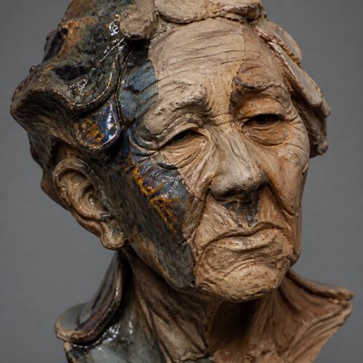 close-up portrait of an elderly person with expressive weathered features