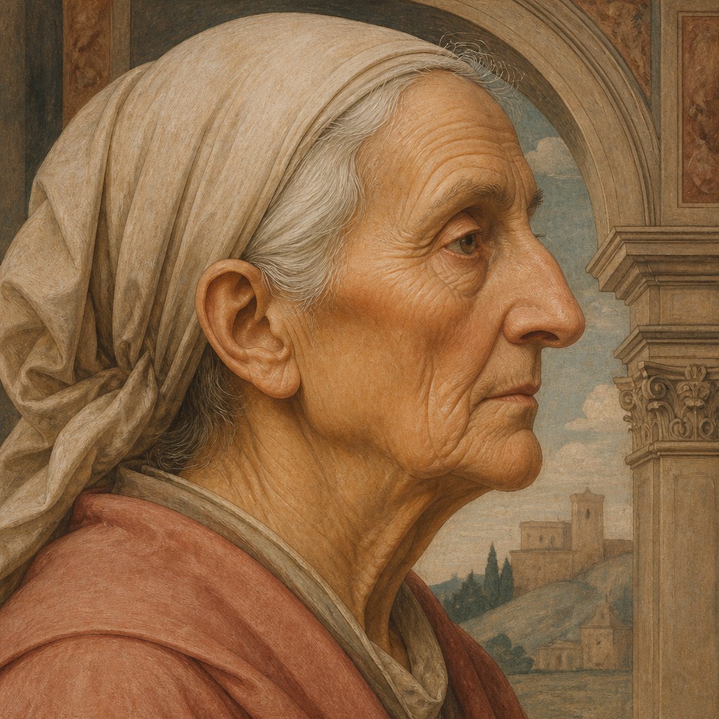 close-up portrait of an elderly person with expressive weathered features — Florentine Renaissance Art Style