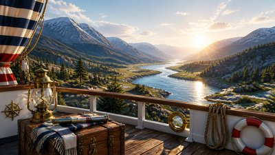 a vast valley with a river winding toward distant mountains at sunrise, no people, no text