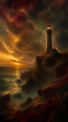 a lone lighthouse on a cliff at dusk under a dramatic sky, no text or lettering