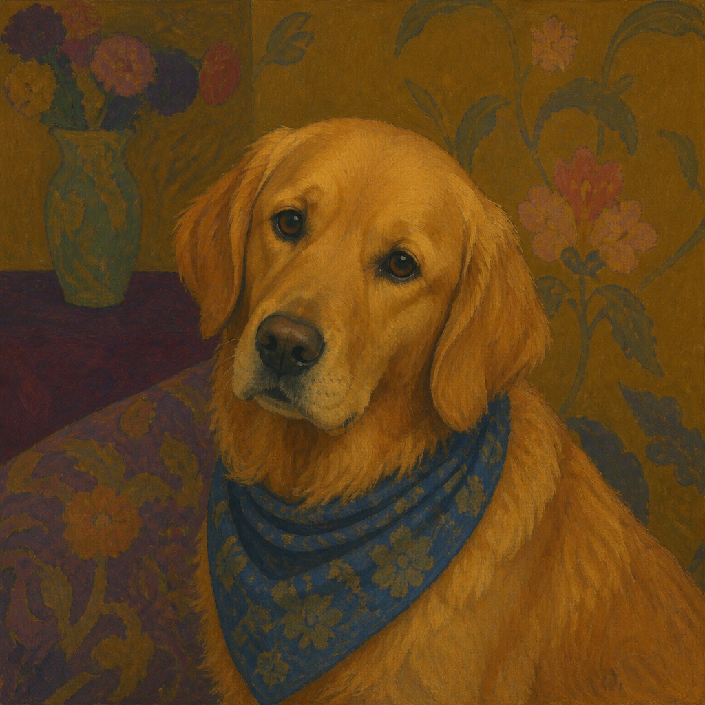 portrait of a golden retriever wearing a blue bandana, warm plain backdrop, no text