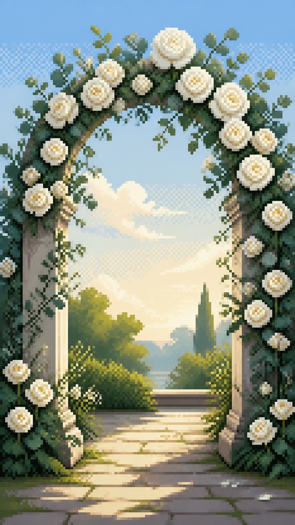 an arch of white roses and eucalyptus in soft morning light, elegant vertical composition with open space, no text