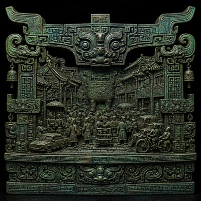 urban street with city activity — Ancient Chinese Bronze Art Style