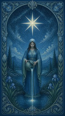 a robed figure pouring water beneath a large eight-pointed star in a night sky, symmetrical composition with an ornate decorative border, no text