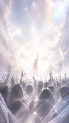 a live music scene with a glowing stage and silhouetted crowd, energetic vertical composition with open space at the top, no text
