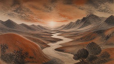 a vast valley with a river winding toward distant mountains at sunrise, no people, no text
