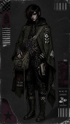 full-body original character: a wandering botanist with a satchel of plants, a patched green cloak, tall boots and round glasses, neutral background