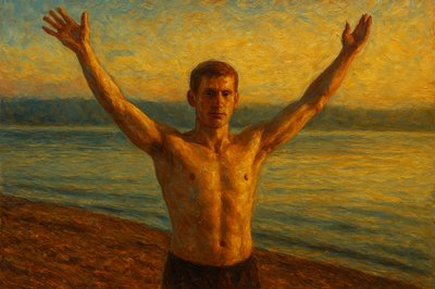 a painting of a man standing on a beach