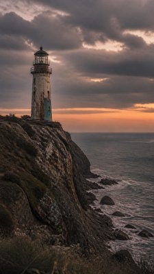 a lone lighthouse on a cliff at dusk under a dramatic sky, no text or lettering