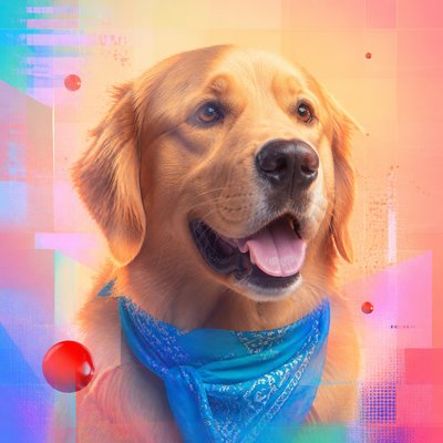 portrait of a golden retriever wearing a blue bandana, warm plain backdrop, no text