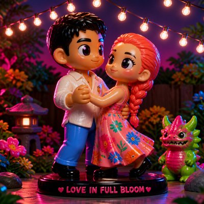 an original couple dancing under string lights in a garden at dusk: a man with short black hair in a linen shirt and a woman with braided red hair in a summer dress