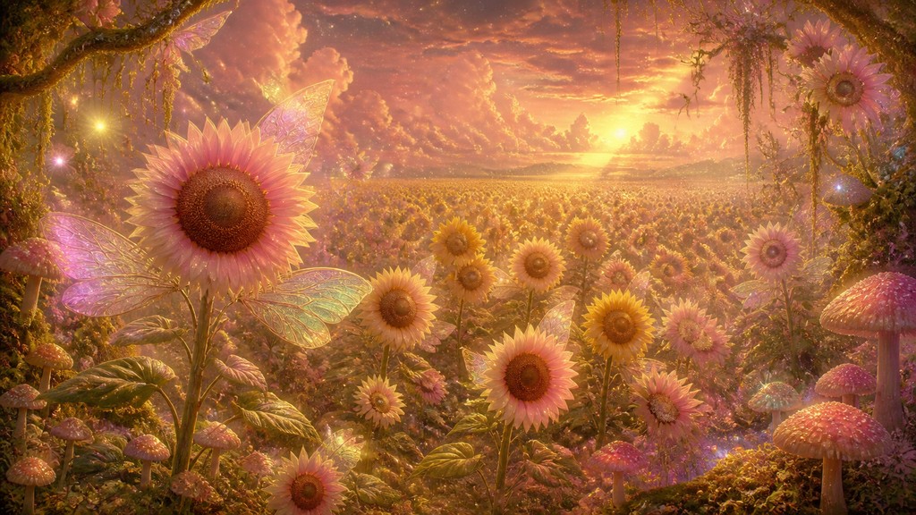 an endless field of sunflowers under summer clouds, no people