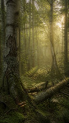 a serene birch forest in soft morning light, no people, no text