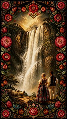 towering waterfall cascading down a cliff