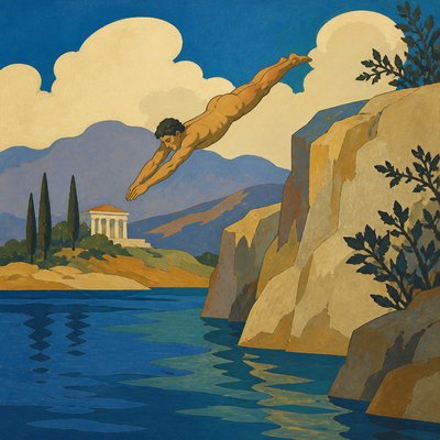 greek ignudi swimmer diving off cliff into lake