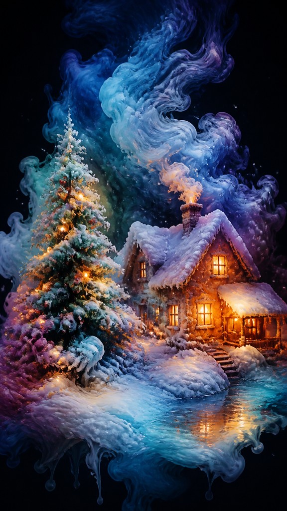 a snow-covered cottage with warm glowing windows beside a decorated pine tree, gentle snowfall, no text