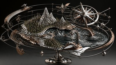 a map of an island realm with mountains, forests, a sheltered bay, sea monsters in the water and a compass rose, no text labels