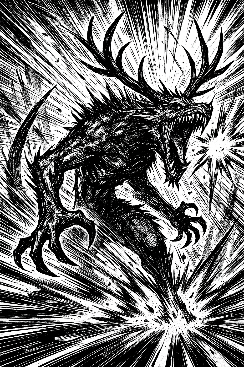 a black and white drawing of a demon