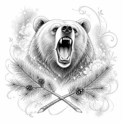a roaring bear head above crossed pine branches, bold graphic composition on a plain background, no text