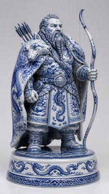 full-body original character: a dwarven ranger with a braided auburn beard, worn leather armor, a longbow and a wolf-pelt cloak, neutral background, no text