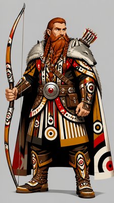full-body original character: a dwarven ranger with a braided auburn beard, worn leather armor, a longbow and a wolf-pelt cloak, neutral background, no text