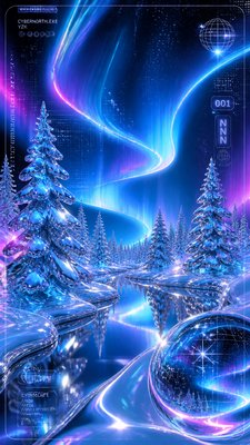 a snowy pine forest under the northern lights, no people