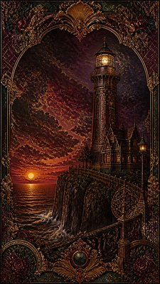 a lone lighthouse on a cliff at dusk under a dramatic sky, no text or lettering