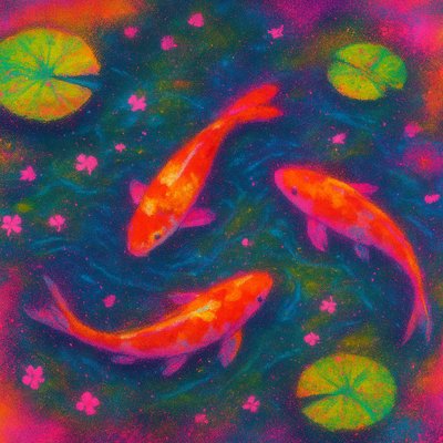 A koi pond seen from above, orange and white koi fish swimming among lily pads, clear water with subtle ripples, fallen cherry blossom petals floating on the surface, dappled sunlight