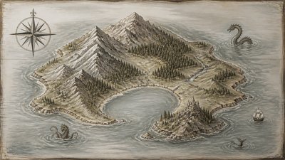 a map of an island realm with mountains, forests, a sheltered bay, sea monsters in the water and a compass rose, no text labels