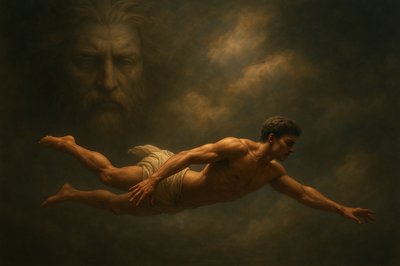 a painting of a man floating in the air